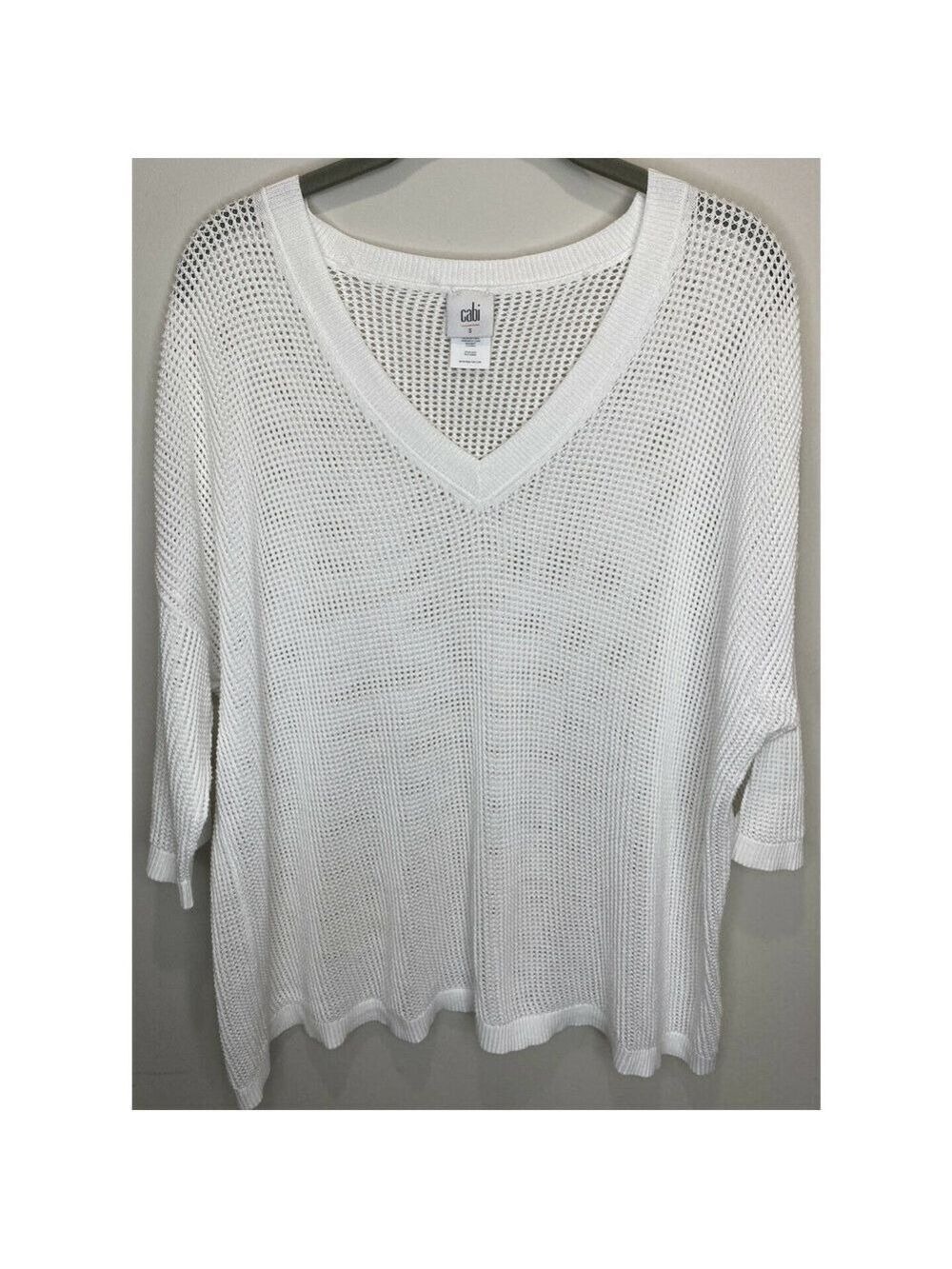 CAbi Breeze #5454 White Open Knit Sweater Oversized Drop Shoulders